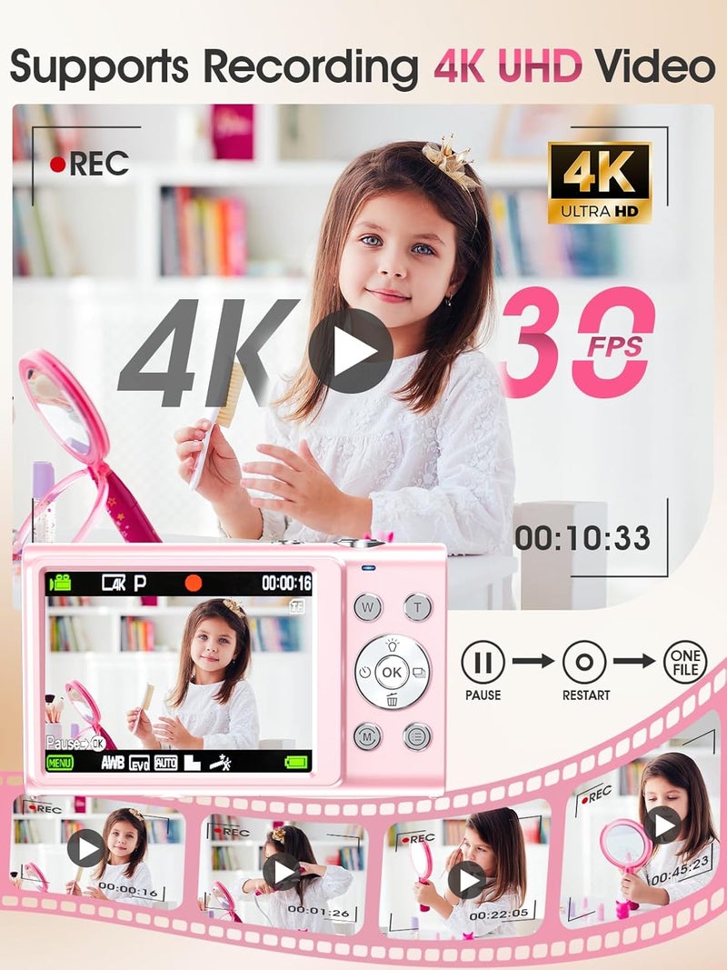Lecnippy Digital Camera,Autofocus 4K Vlogging Camera for Photography with 32GB Card,48MP Portable Compact Point and Shoot Digital Camera for Teens Adult Beginner with 16X Zoom,Anti-Shake,2 Batteries(Pink) - Image 3